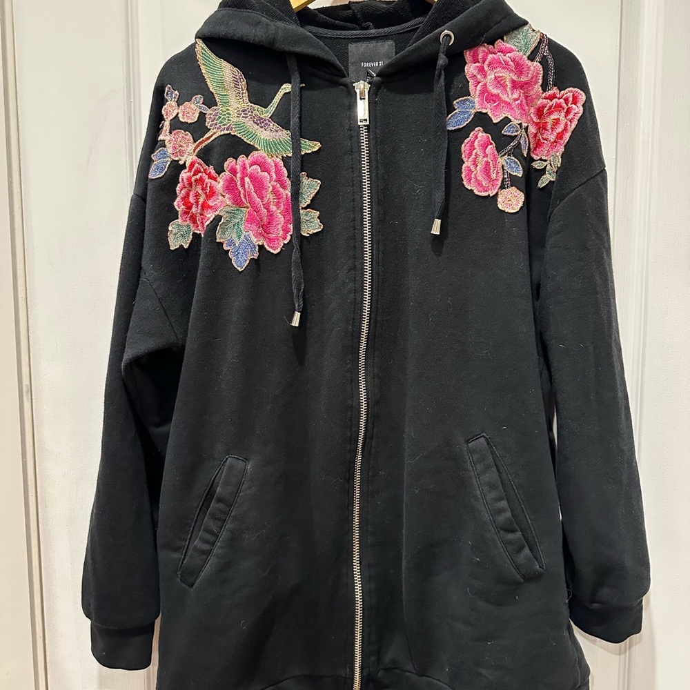 Forever 21 Black Hoodie with Embroidered Pink Floral Accents